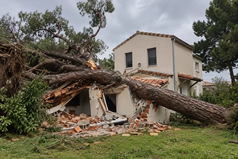 Arbre tombé sur une maison après une tempête, toiture et mur effondrés