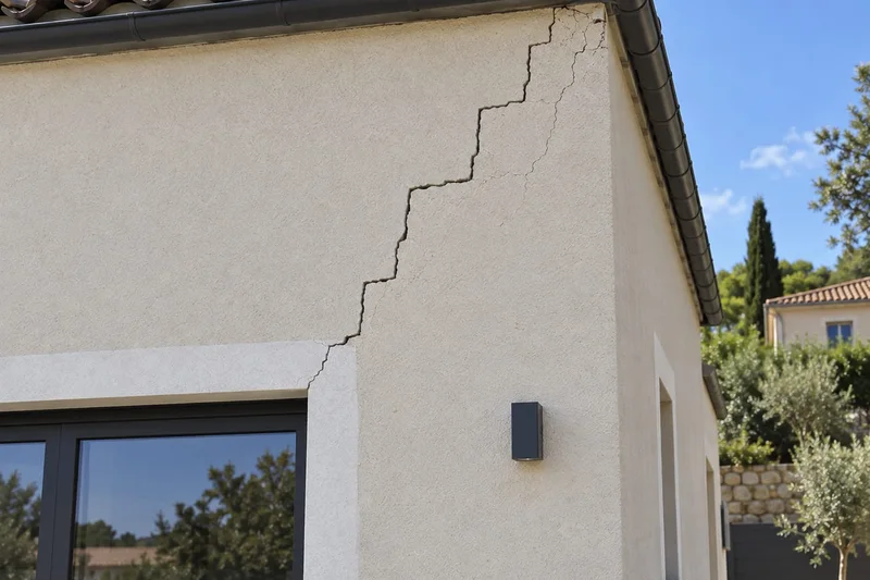Fissure en escalier sur l'angle d'une façade, du toit jusqu'à la fenêtre