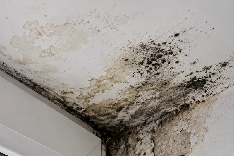 Angle de plafond envahi de moisissure noire, près d'une fenêtre